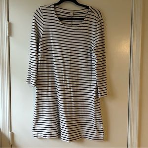 J.Crew Navy and White Striped Stretchy Cotton Dress with 3/4 Sleeves - Size M